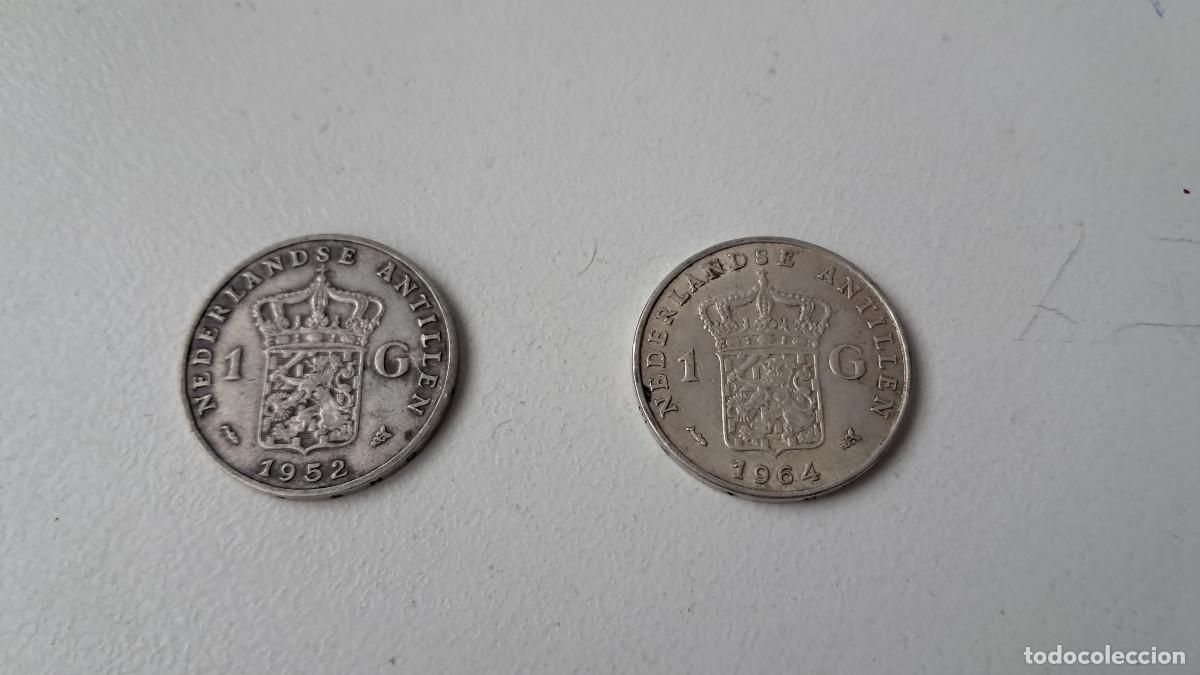 Monedas antiguas de Europa: Lote 2 monedas de plata, Antillas Holandesas, 1952 y 1964, 1 gulden