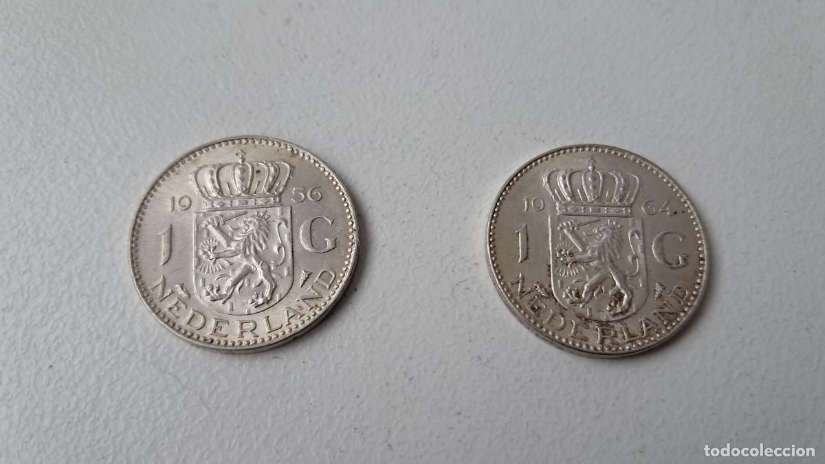 Monedas antiguas de Europa: Lote 2 monedas de plata, Holanda, 1956 y 1964, 1 gulden