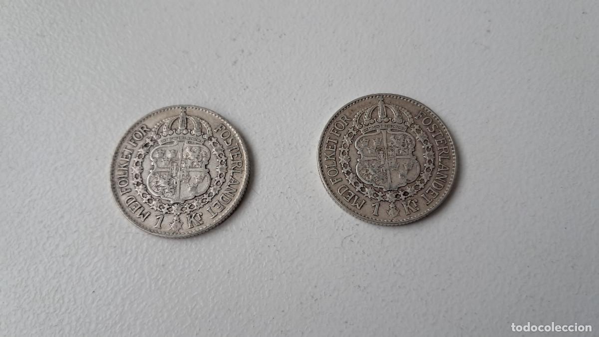 Monedas antiguas de Europa: Lote 2 monedas de plata, Suecia, 1936 y 1939, 1 kroner corona
