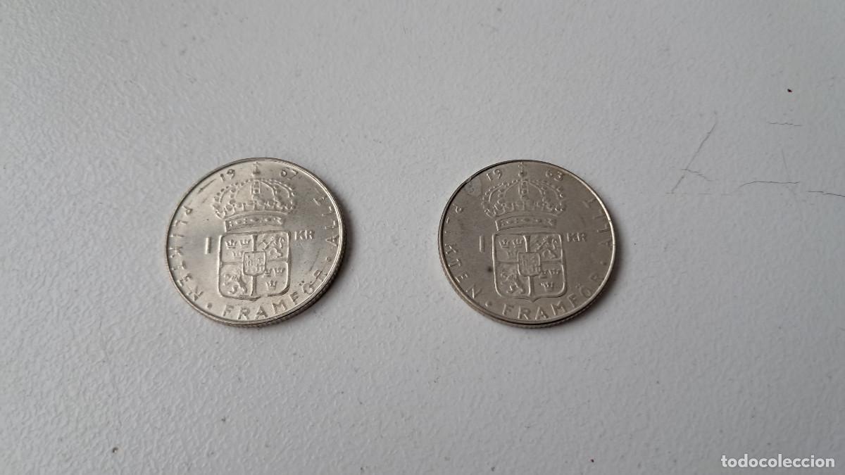 Monedas antiguas de Europa: Lote 2 monedas de plata, Suecia, 1963 y 1967, 1 kroner corona