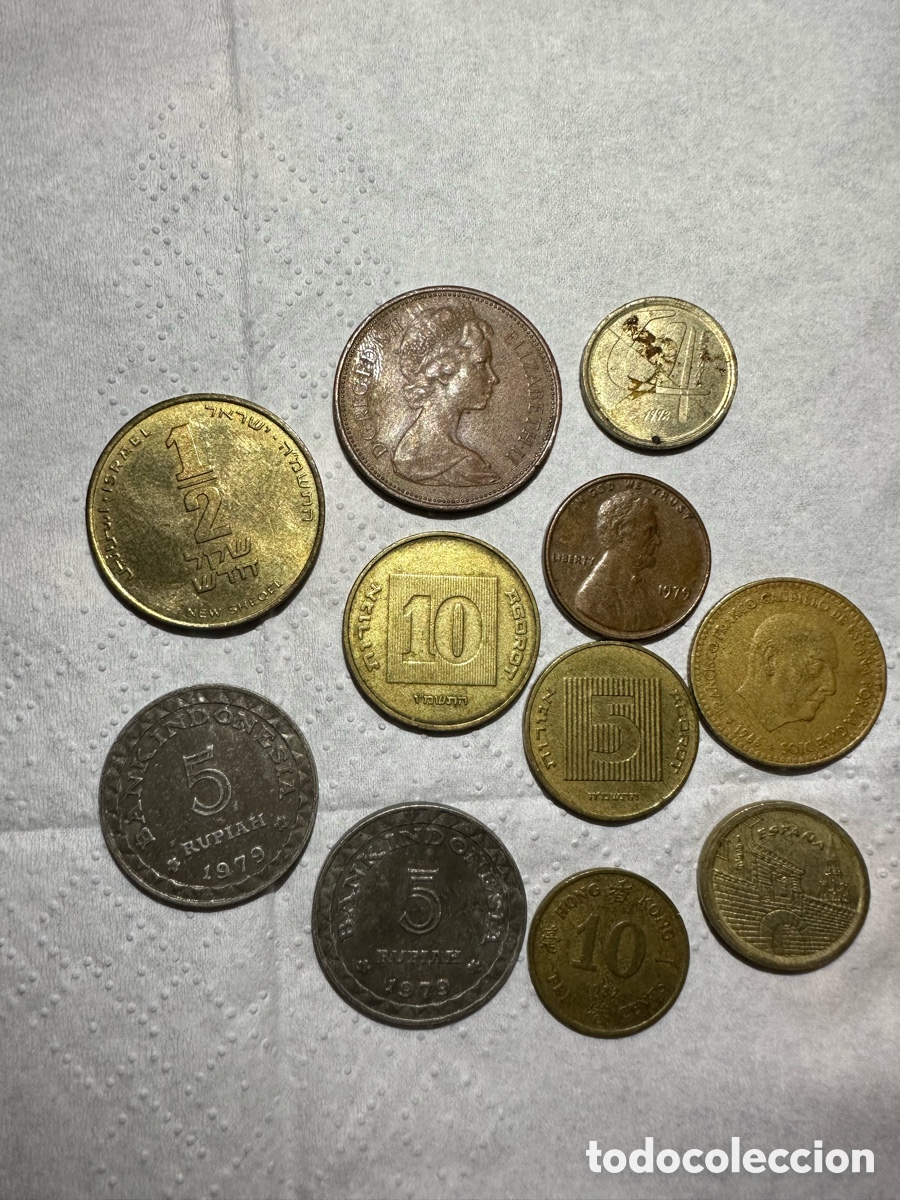Monedas antiguas de Europa: &rdquo;Lote 11 Monedas del Mundo &ndash; Indonesia, Espa&ntilde;a (Franco/Puerta), Israel, UK, EE. UU. y Hong Kong&rdquo;