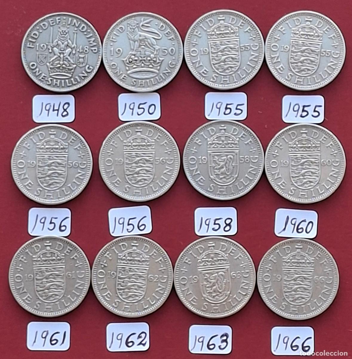 Monedas antiguas de Europa: 12 monedas de 1 chelin de Inglaterra. - Foto 2