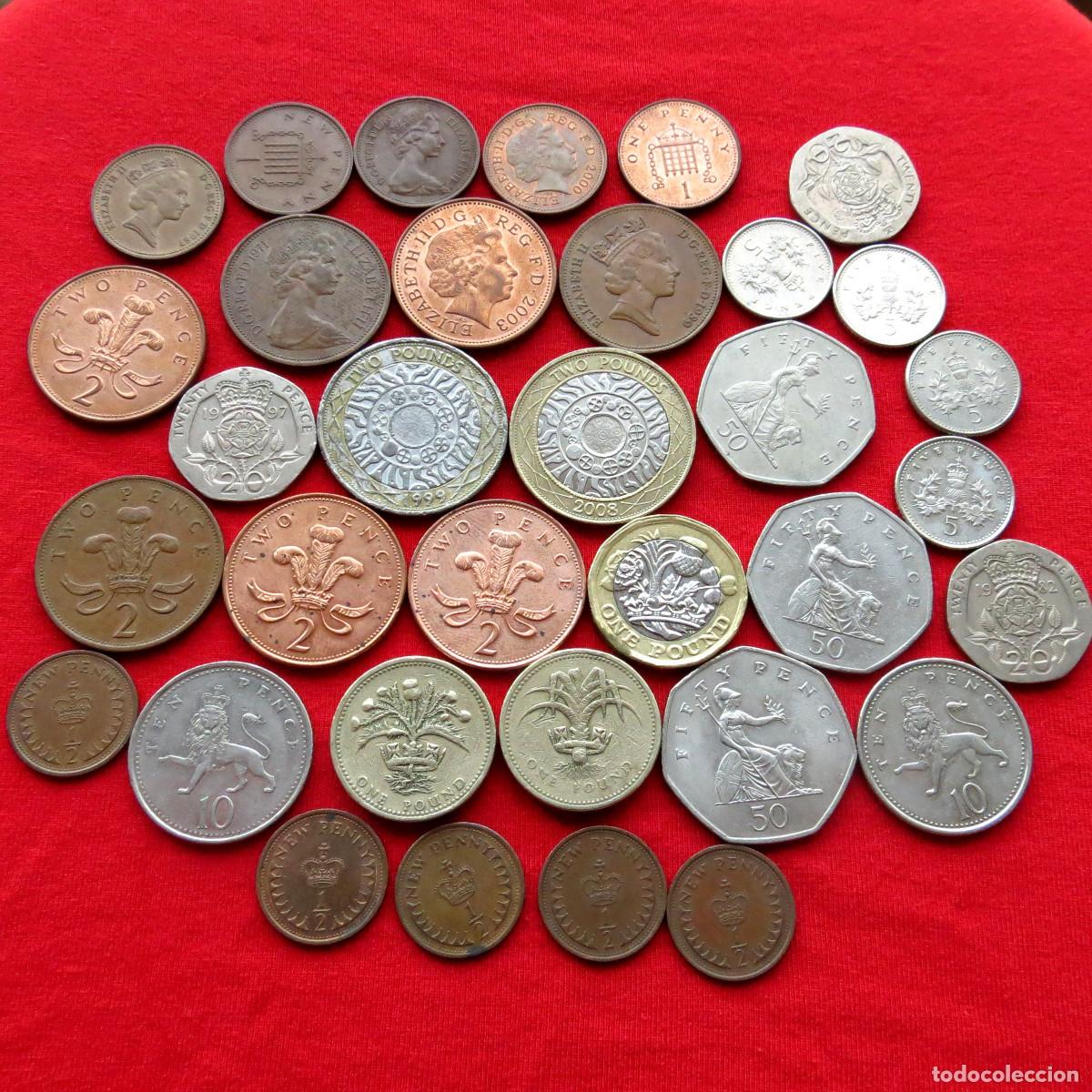 Monedas antiguas de Europa: Inglaterra Reino Unido 34 monedas 9.70 libras 1971-2016 mono Gran Bretana