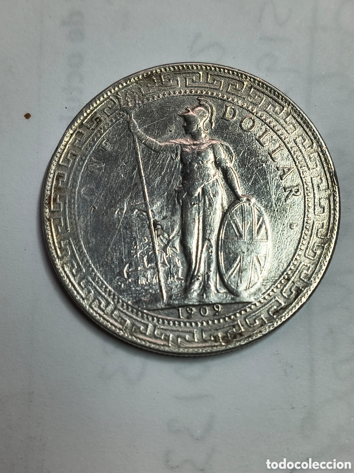 Monedas antiguas de Europa: 1909 D&oacute;lar del comercio Britanico . Plata. serie B. Escasa