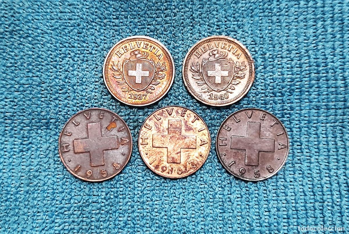 Monedas antiguas de Europa: Suiza, 5 x 1 Rappen 1937, 1940, 1958 y 1963