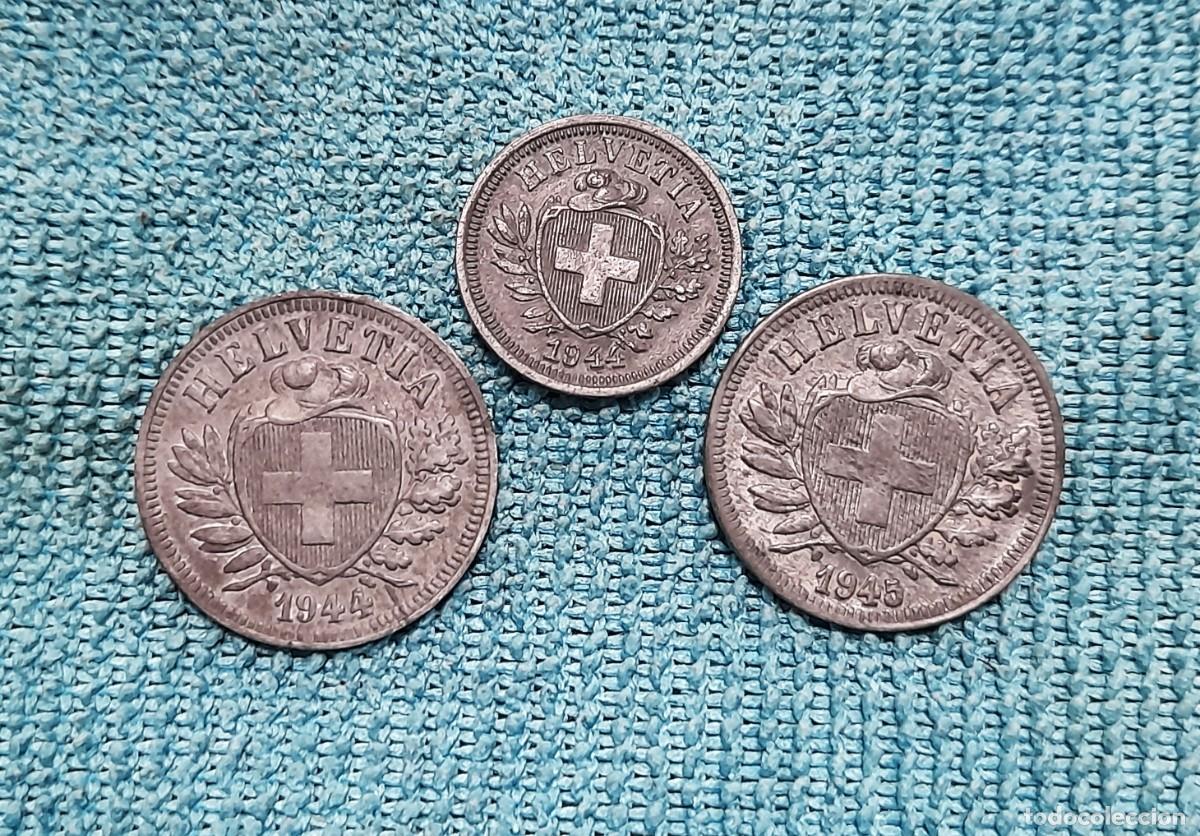 Monedas antiguas de Europa: Suiza, 3 monedas de 1 y 2 Rappen 1944 y 1945, Zinc