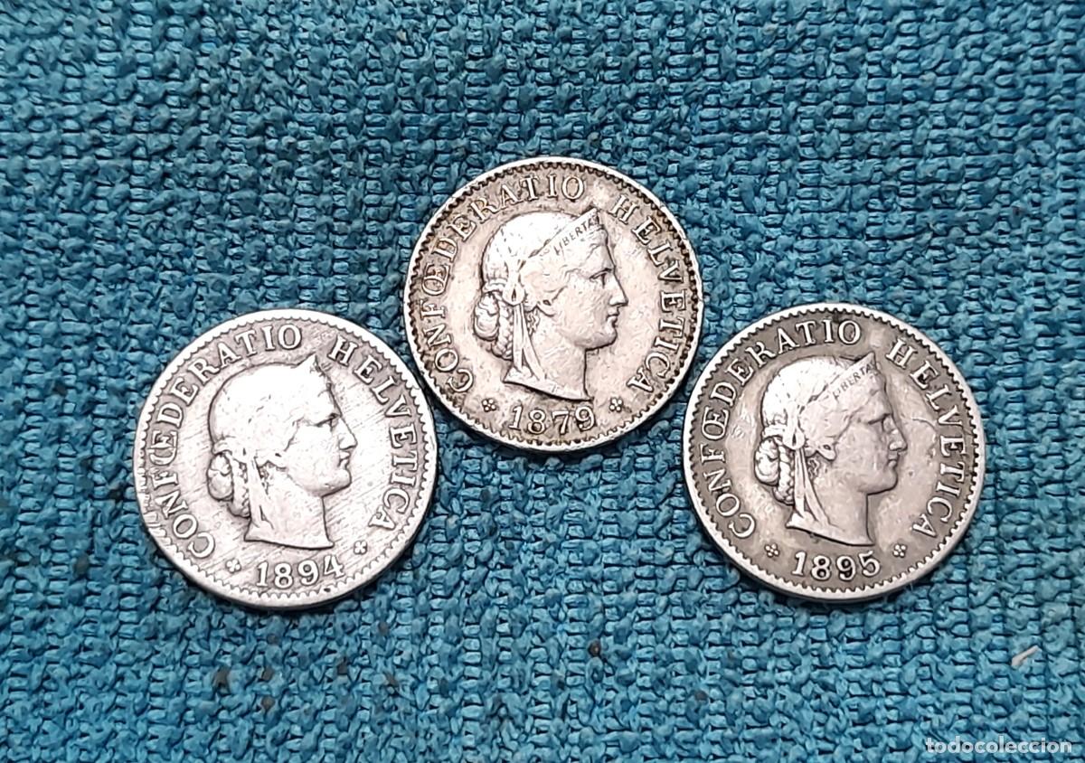 Monedas antiguas de Europa: Suiza, 3 x 5 Rappen 1879, 1894 y 1895, Raras