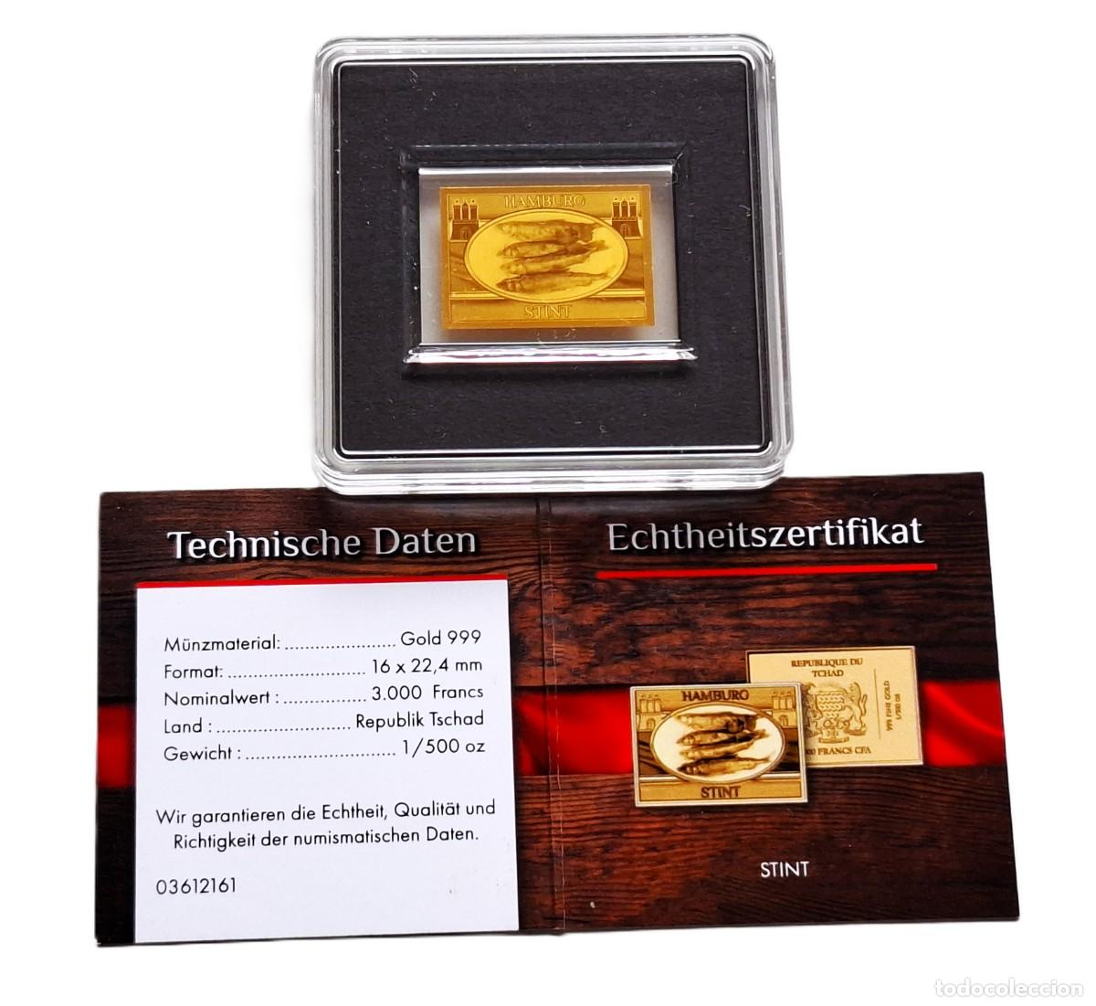 Moedas antigas da Europa: MONEDA-LINGOTE DE ORO 999 3000 FRANCS REPUBLIK TSCHAD 1/500 OZ + CERTIFICADO