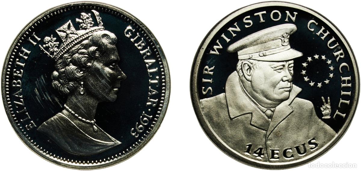 Monedas antiguas de Europa: Gibraltar British Overseas Territory 1993 PM 14 ECUs - Elizabeth II (Sir Winston Churchill) Silver