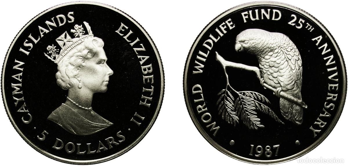 Monedas antiguas de Europa: Cayman Islands British Overseas Territory 1987 5 Dollars - Elizabeth II (WWF) Silver (.925) 28.47g