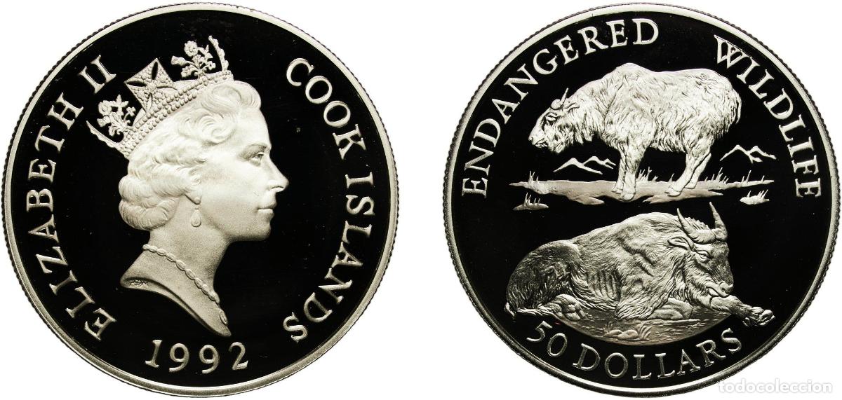 Monedas antiguas de Europa: Cook Islands New Zealand Free Association 1992 50 Dollars - Elizabeth II (Takin) Silver (.925) (250