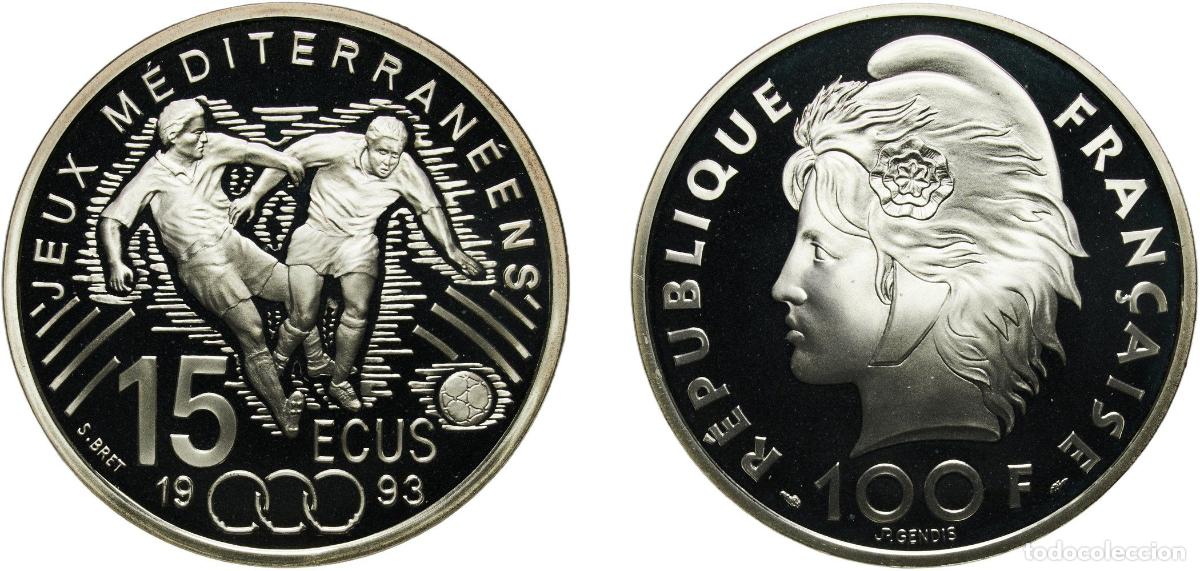 Monedas antiguas de Europa: France Fifth Republic 1993 15 Ecus / 100 Francs (Mediterranean Games) Silver (.900) Paris Mint (150