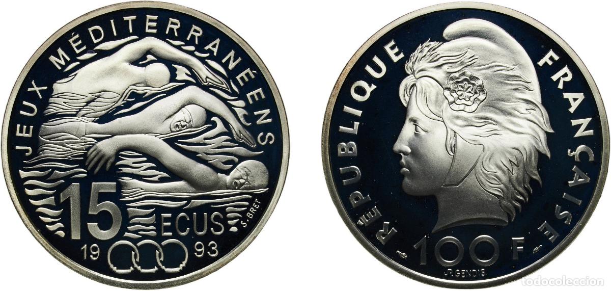 Monedas antiguas de Europa: France Fifth Republic 1993 15 Ecus / 100 Francs (Mediterranean Games) Silver (.900) Paris Mint (150