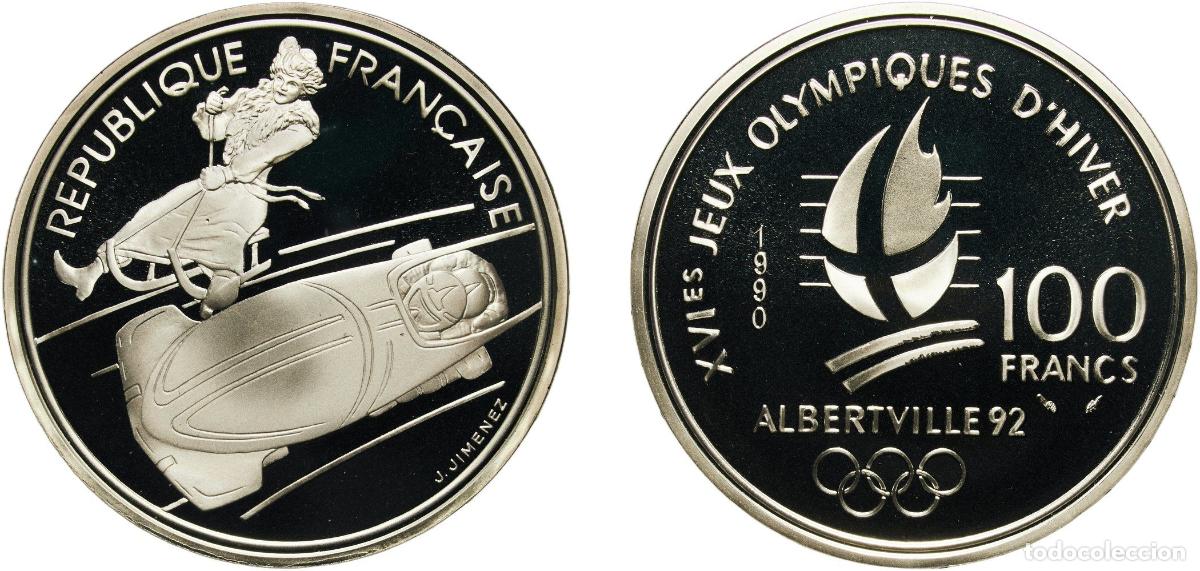 Monedas antiguas de Europa: France Fifth Republic 1990 100 Francs (Bobsledding) Silver (.900) Paris Mint (300000) 22.24g PF KM