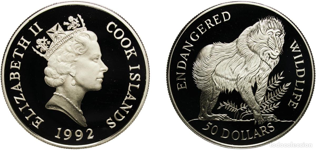 Monedas antiguas de Europa: Cook Islands New Zealand Free Association 1992 50 Dollars - Elizabeth II (Mandrill) Silver (.925) (