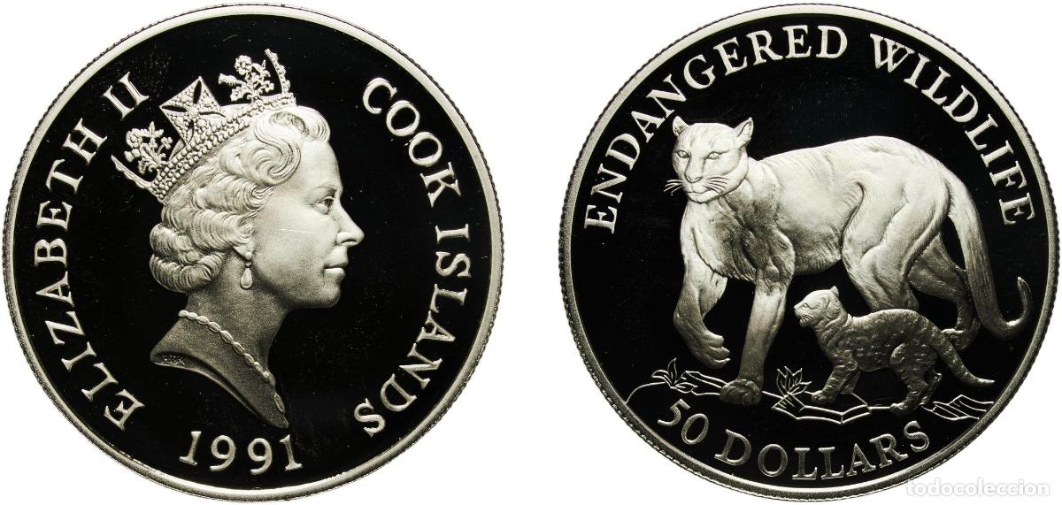 Monedas antiguas de Europa: Cook Islands New Zealand Free Association 1990 50 Dollars - Elizabeth II (Cougars) Silver (.925) Po