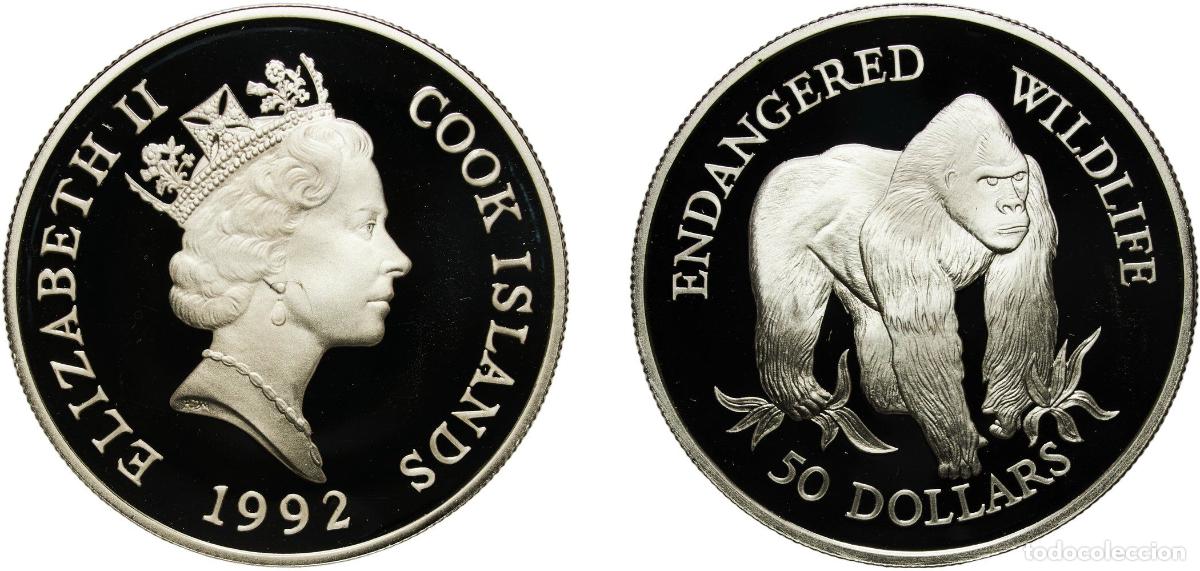 Monedas antiguas de Europa: Cook Islands New Zealand Free Association 1992 50 Dollars - Elizabeth II (Lowland Gorilla) Silver (