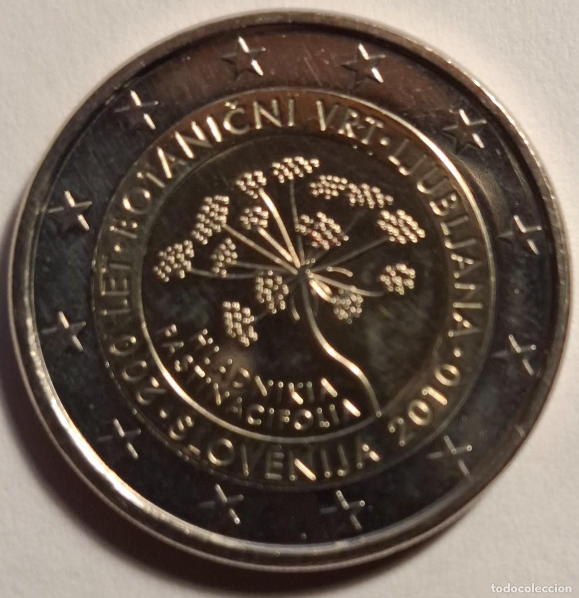 Moedas antigas da Europa: Una (1) Moneda de 2 &euro; Conmemorativa de Eslovenia. 2010. 200 a&ntilde;os del Jard&iacute;n Bot&aacute;nico.