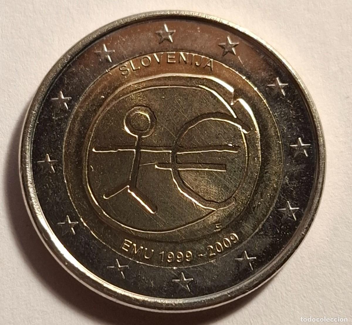 Old Coins of Europe: Una (1) Moneda de 2 &euro; Conmemorativa de Eslovenia. 2009. Diez a&ntilde;os de la Uni&oacute;n Econ&oacute;mica y Monetaria.