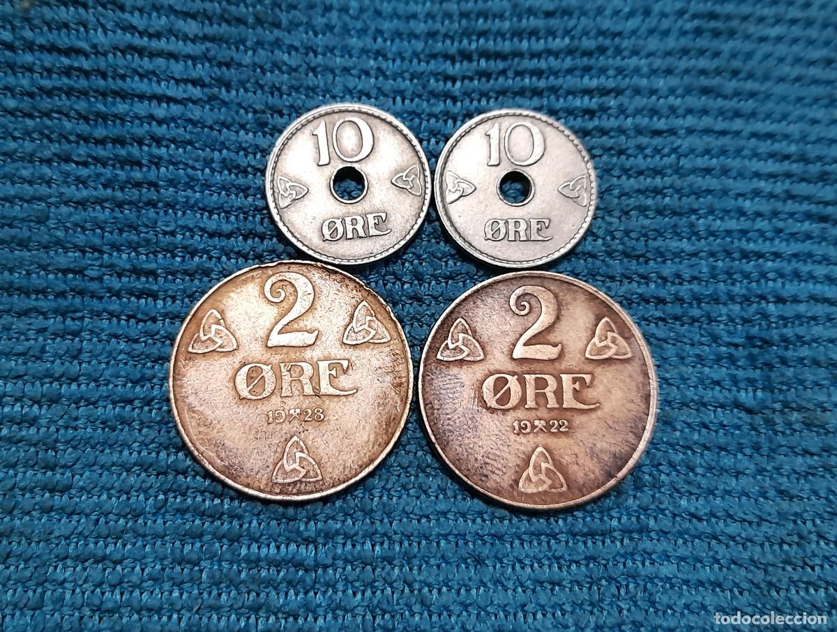 Monedas antiguas de Europa: Noruega, 4 monedas de 2 y 10 Ore 1922, 25, 26 y 28.