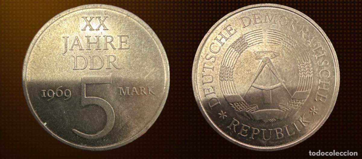 Old Coins of Europe: Alemania - RDA 5 marcos, 20 Aniversario de la RDA /cupron&iacute;quel, color gris/ &middot; 1969