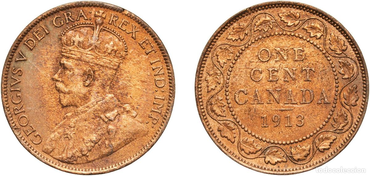 Monedas antiguas de Europa: Canada British colony 1913 1 Cent - George V (with &rdquo;DEI GRA&rdquo;) Bronze (Cu 95%, Sn 4%, Zn 1%) Ottawa
