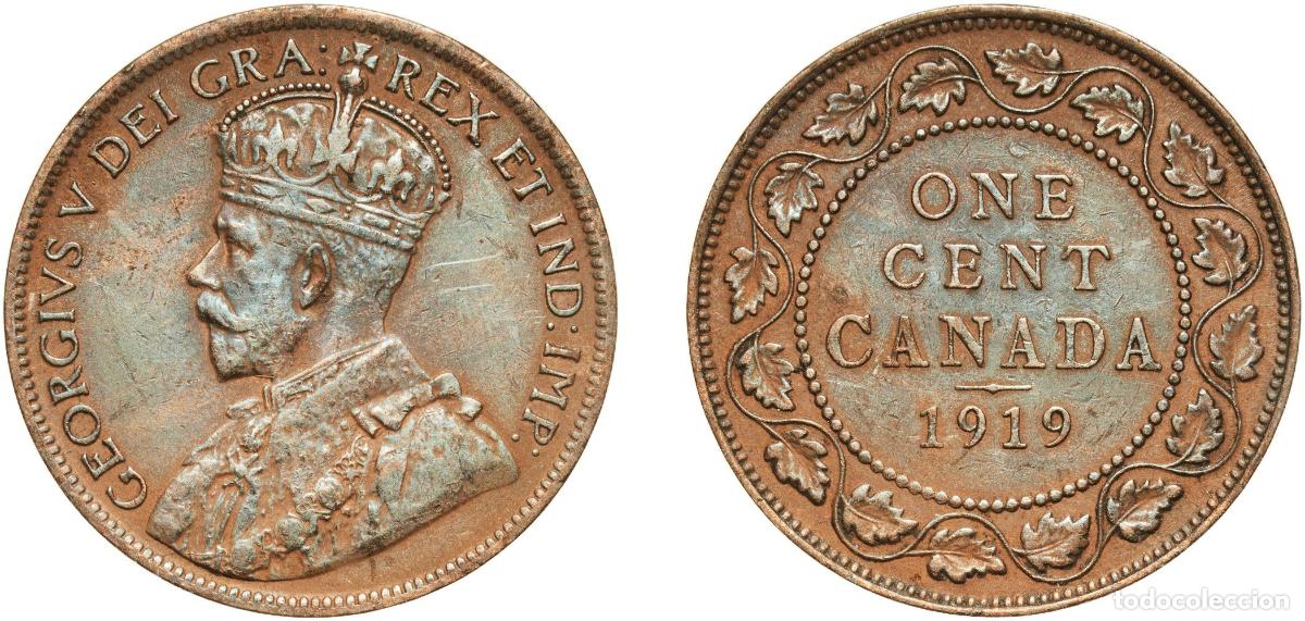 Monedas antiguas de Europa: Canada British colony 1919 1 Cent - George V (with &rdquo;DEI GRA&rdquo;) Bronze (Cu 95%, Sn 4%, Zn 1%) Ottawa
