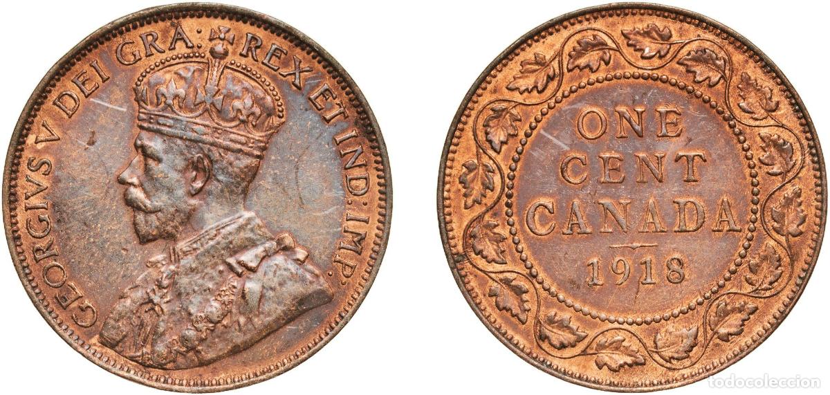 Monedas antiguas de Europa: Canada British colony 1918 1 Cent - George V (with &rdquo;DEI GRA&rdquo;) Bronze (Cu 95%, Sn 4%, Zn 1%) Ottawa