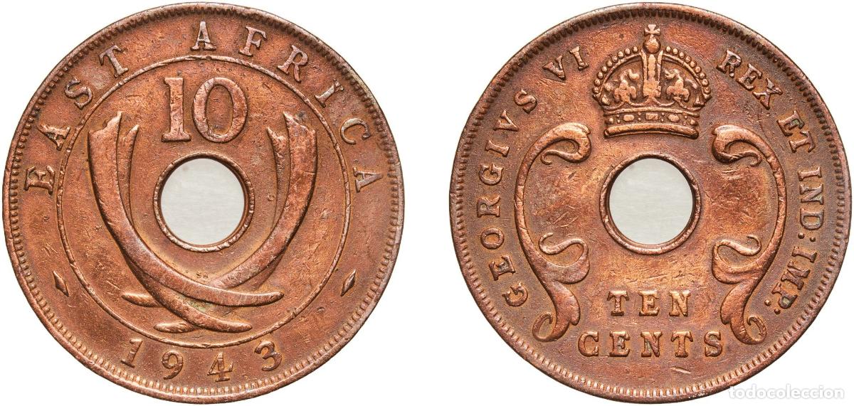 Old Coins of Europe: East Africa British colony 1943 SA 10 Cents - George VI Bronze Pretoria Mint (14093000) 9.22g XF KM