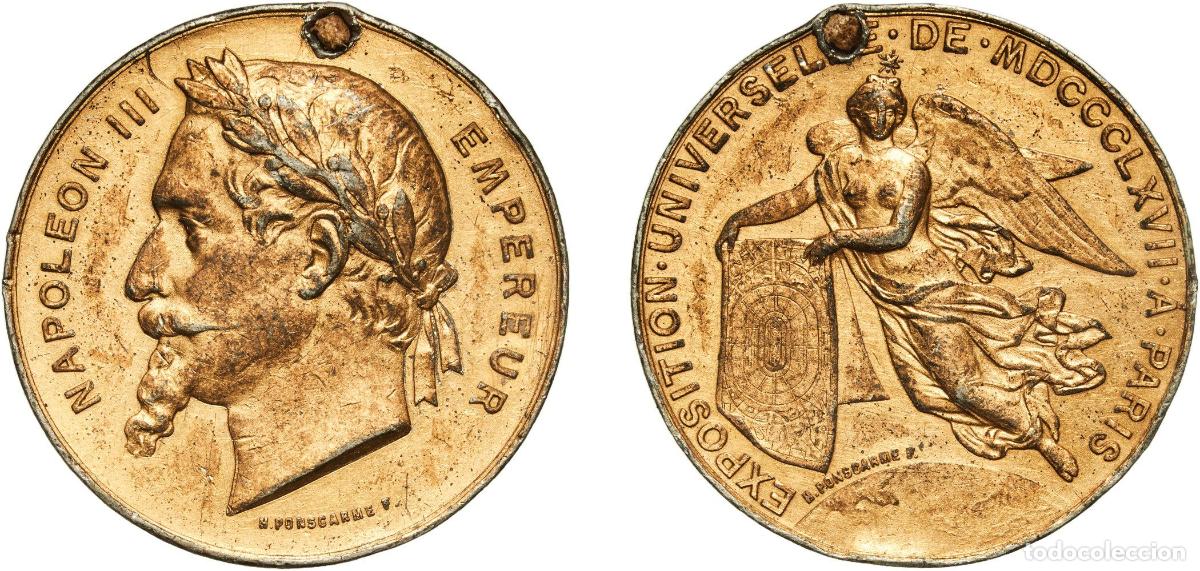Monedas antiguas de Europa: France Second Empire 1867 M&eacute;daille de l'exposition universelle de Paris 1867 Copper 14.94g XF Hole