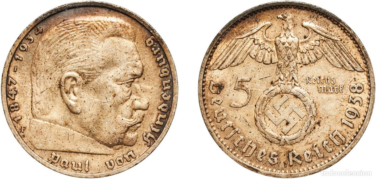 Monedas antiguas de Europa: Germany Third Reich 1938 F 5 Reichsmark (Paul von Hindenburg) Silver (.900) Staatliche M&uuml;nze Baden-