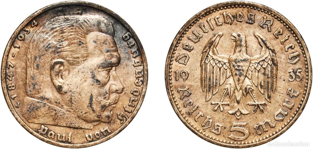 Monedas antiguas de Europa: Germany Third Reich 1935 J 5 Reichsmark (Paul von Hindenburg) Silver (.900) (2830200) 13.86g XF KM