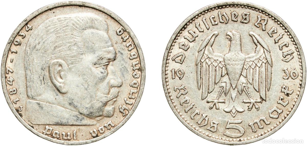 Monedas antiguas de Europa: Germany Third Reich 1936 J 5 Reichsmark (Paul von Hindenburg) Silver (.900) Hamburg Mint (3705800)