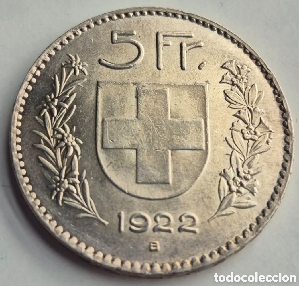 Monedas antiguas de Europa: Suiza 5 francos 1922 plata