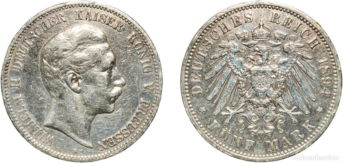 Monedas antiguas de Europa: Germany Kingdom of Prussia Second Empire 1894 A 5 Mark - Wilhelm II Silver (.900) (Ag 900, Cu 100)