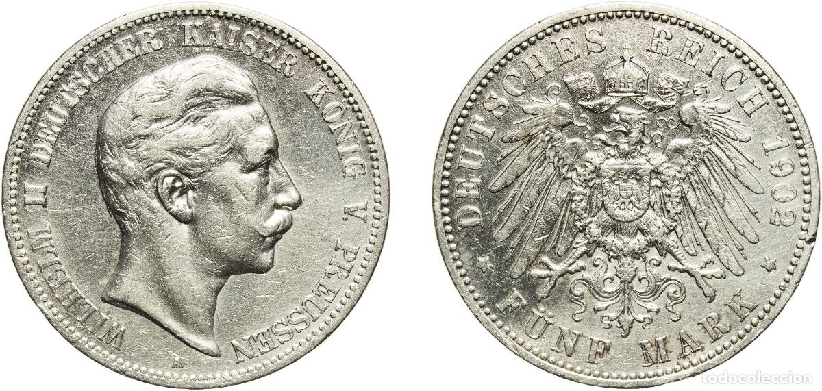 Monedas antiguas de Europa: Germany Kingdom of Prussia Second Empire 1902 A 5 Mark - Wilhelm II Silver (.900) (Ag 900, Cu 100)