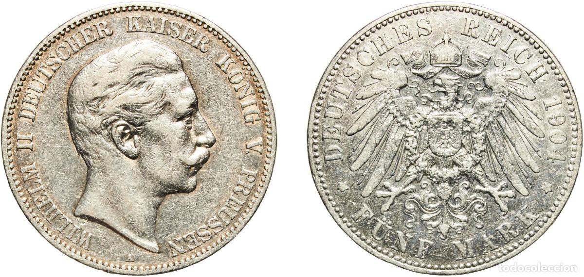 Monedas antiguas de Europa: Germany Kingdom of Prussia Second Empire 1904 A 5 Mark - Wilhelm II Silver (.900) (Ag 900, Cu 100)