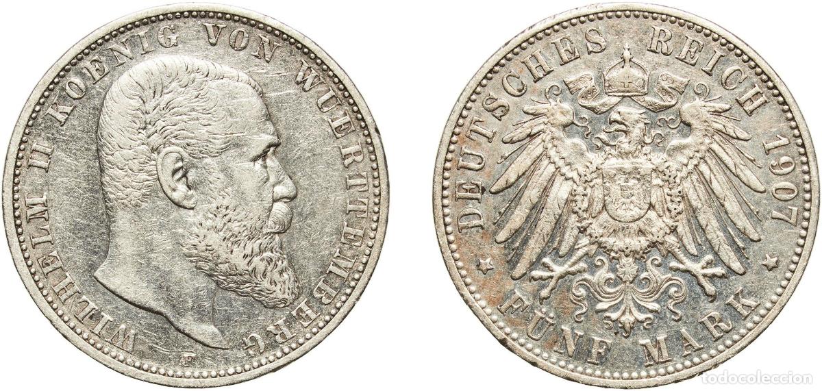 Monedas antiguas de Europa: Germany Kingdom of W&uuml;rttemberg German states 1907 F 5 Mark - Wilhelm II Silver (.900) Staatliche M&uuml;