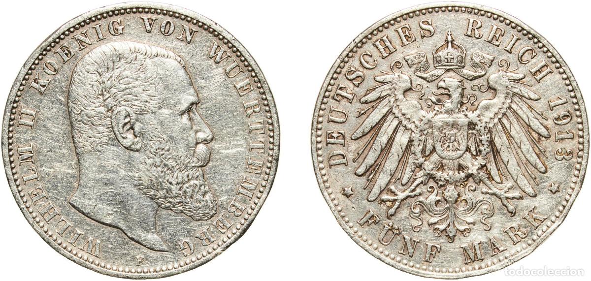 Monedas antiguas de Europa: Germany Kingdom of W&uuml;rttemberg German states 1913 F 5 Mark - Wilhelm II Silver (.900) Staatliche M&uuml;