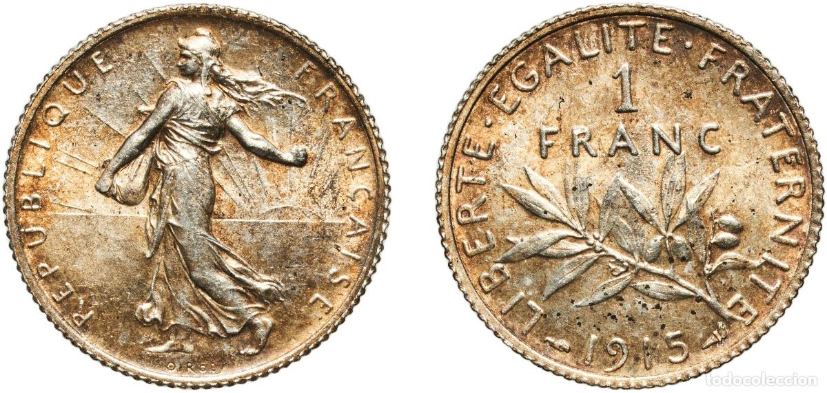 Monedas antiguas de Europa: France Third Republic 1915 1 Franc Wonderful patina Silver (.835) Paris Mint (47955158) 4.95g UNC F