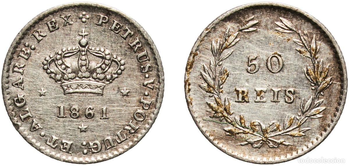 Monedas antiguas de Europa: Portugal Kingdom 1861 50 Reis - Pedro V Silver (.917) Lisbon Mint (800000) 1.22g XF KM 493 Gomes P