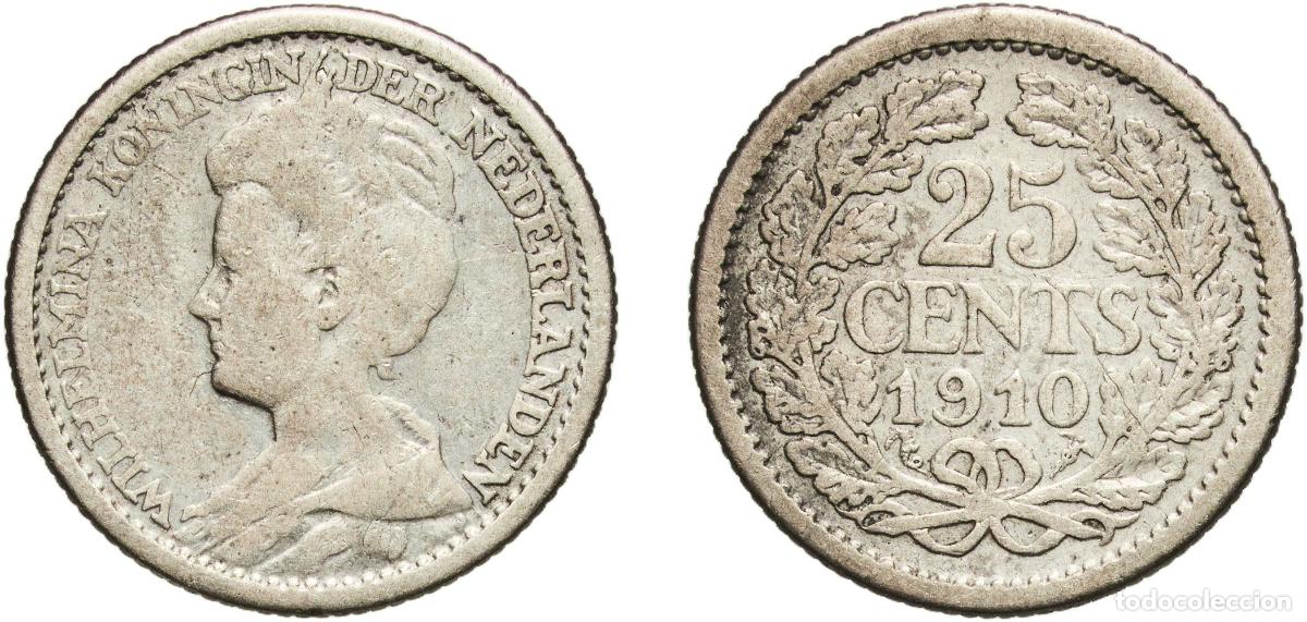 Monedas antiguas de Europa: Netherlands Kingdom 1910 25 Cents - Wilhelmina Silver (.640) Utrecht Mint (880000) 3.46g VF KM 146