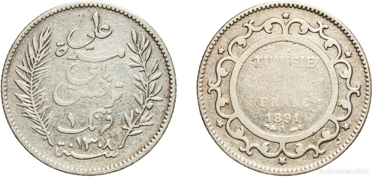 Monedas antiguas de Europa: Tunisia French Protectorate AH1308 (1891) A 1 Franc - Ali III Silver (.835) Paris Mint (1575000) 4.