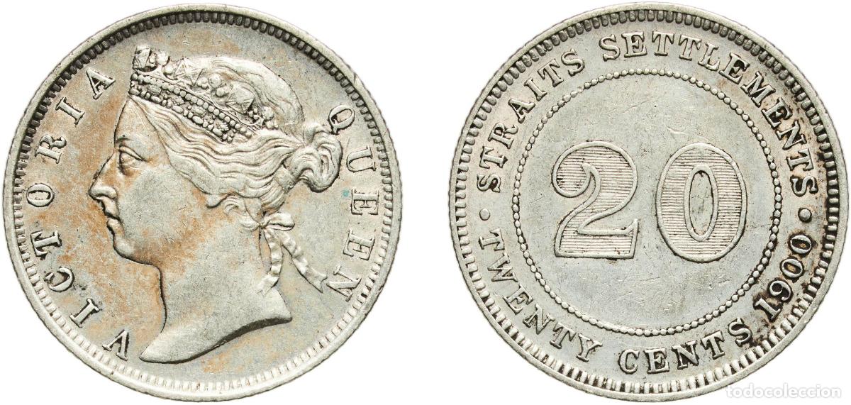 Monedas antiguas de Europa: Straits Settlements British East India Company 1900 20 Cents - Victoria Silver (.800) Royal Mint (T