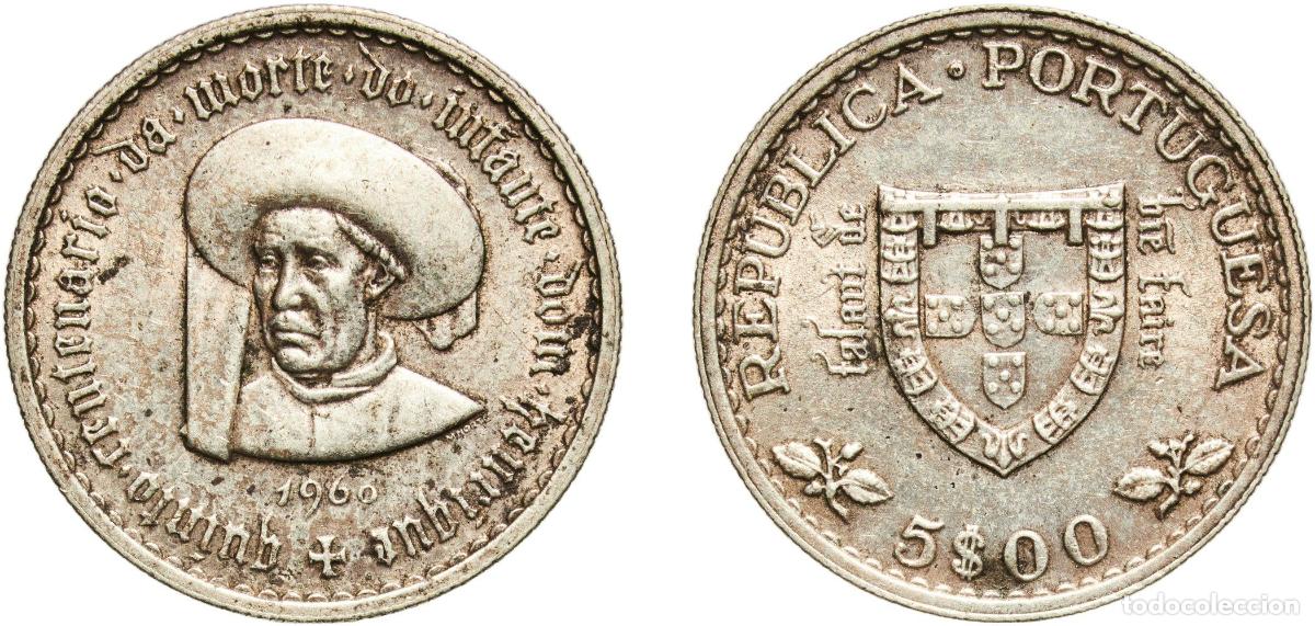 Monedas antiguas de Europa: Portugal Second Republic 1960 5 Escudos (Prince Henry the Navigator) Silver (.650) (Copper .350) Li