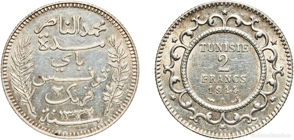 Monedas antiguas de Europa: Tunisia French Protectorate AH1332 (1914) A 2 Francs - Muhammad V Silver (.835) Paris Mint (100303)