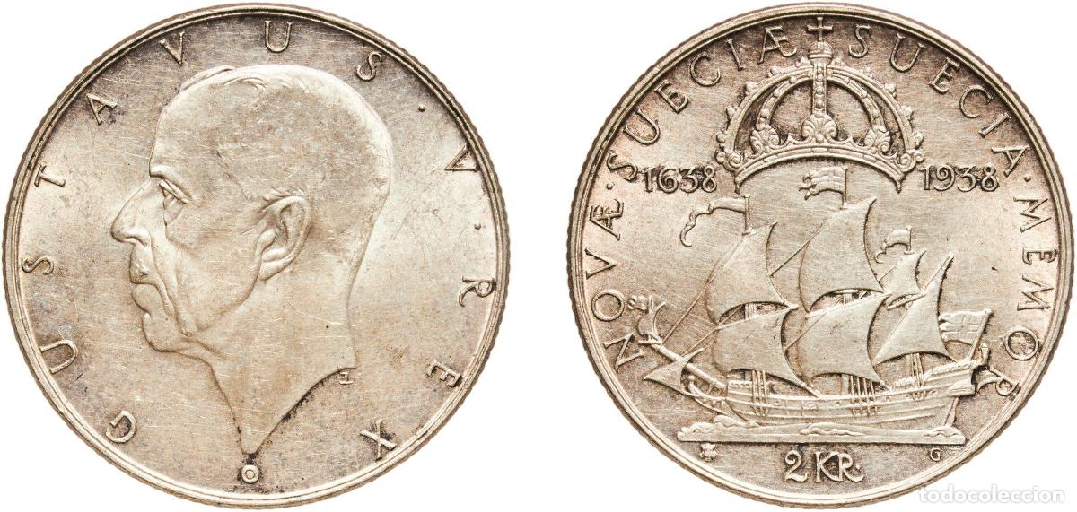 Monedas antiguas de Europa: Sweden Kingdom 1938 2 Kronor - Gustaf V (Settlement of New Sweden) Silver (.800) Kungliga Myntet (5