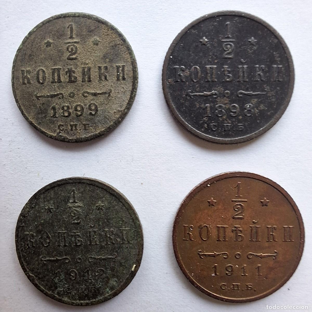 Monete antiche di Europa: Rusia Zarista. 4 monedas medio kopek 1898, 1899, 1911 y 1912. Nicol&aacute;s II