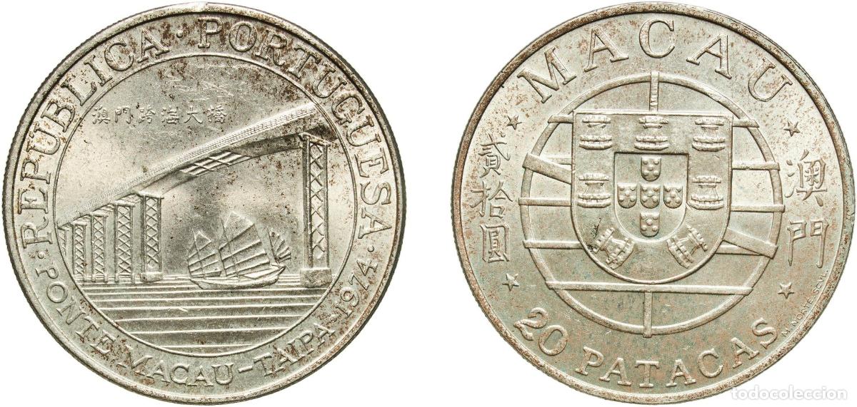 Monedas antiguas de Europa: China Macau Portuguese Overseas Province 1974 20 Patacas (Ponte Macau) Silver (.650) Lisbon Mint (1