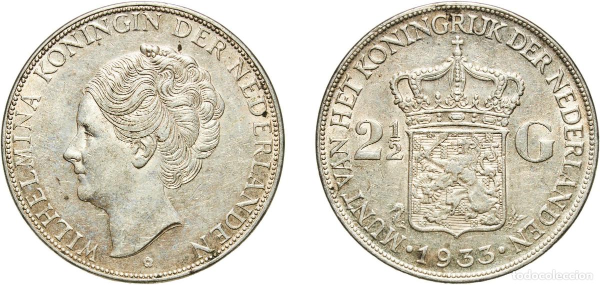 Monedas antiguas de Europa: Netherlands Kingdom 1933 2&frac12; Gulden - Wilhelmina I (Deep hair lines) Silver (.720) (Copper (.280)) U